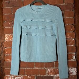 Red Valentino 100% Wool Sky Blue Ruffle Crew Neck Sweater Sz XS